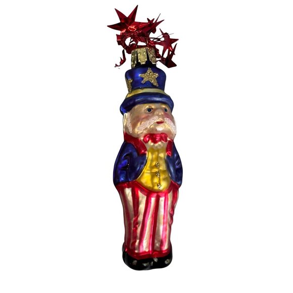 German Blown Glass Christmas Ornament Uncle Sam Red White Blue 4 1/2 Inch - Picture 2 of 4